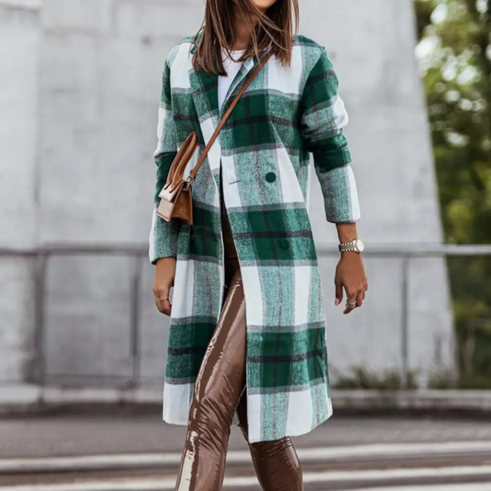 Manteau long pour femme à motif à carreaux et boutons sur le devant