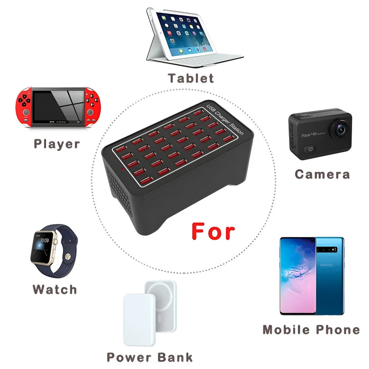 USB-ladestasjon med 30 porter for flere enheter
