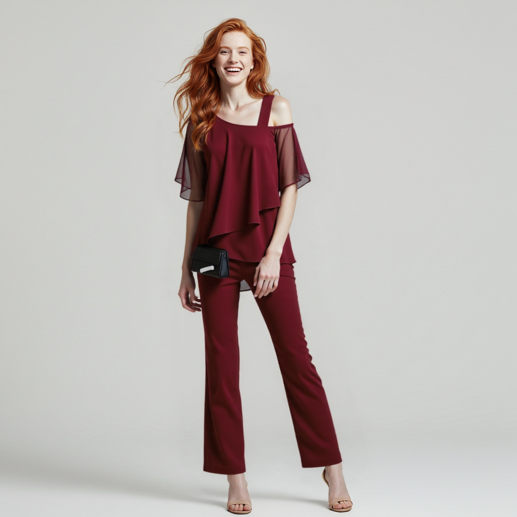 Dame Elegant Todelt Sæt med Cold Shoulder Bluse og Bukser