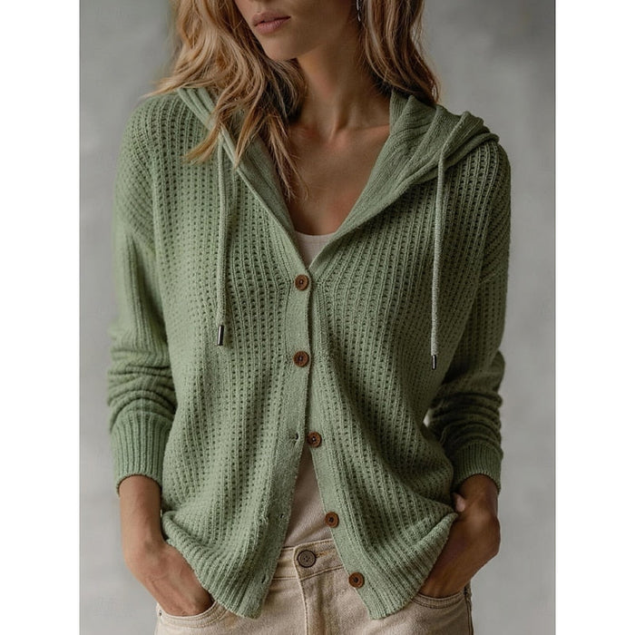Cardigan con cappuccio da donna, bottoni frontali e lavorazione a coste