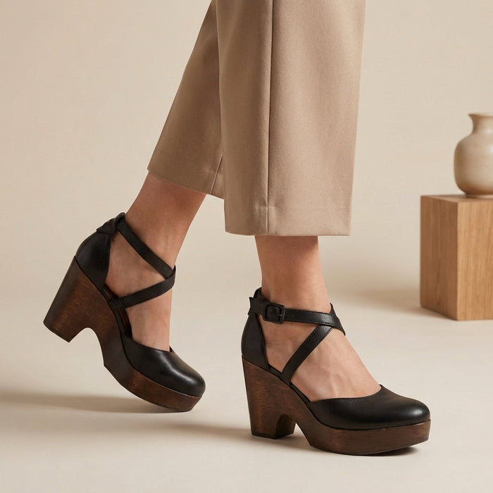 Tacchi con plateau da donna con cinturini incrociati e tacco grosso