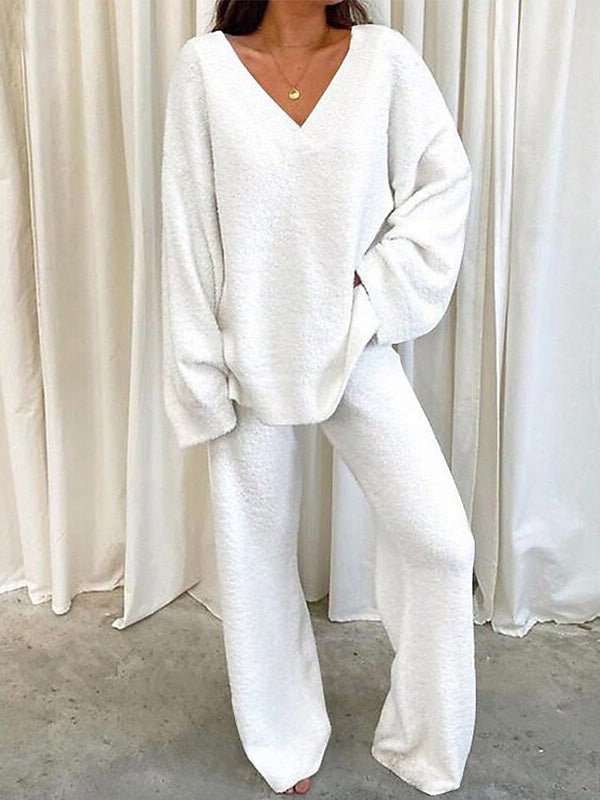 Ensemble pour femme avec haut à manches longues à col en V et pantalon pour la maison